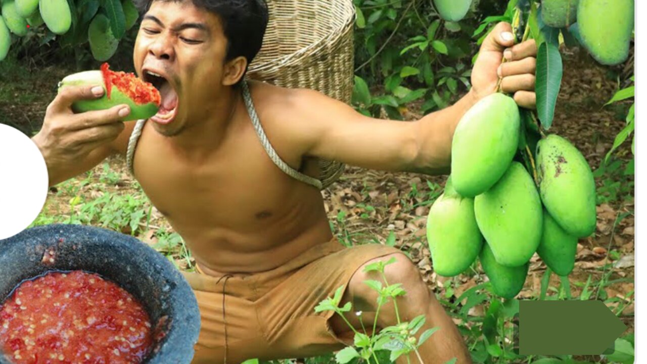 Survival in the forest Eating mango with salt peppers delicious - Village