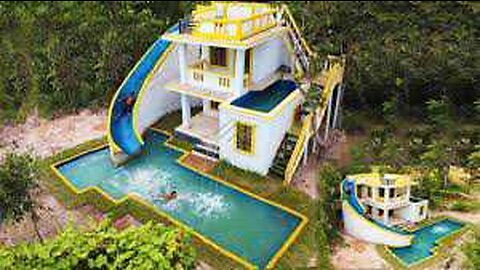 100 Days Build Most Beautiful Modern Mud Villa House& Swimming Pool with Waterslide Park