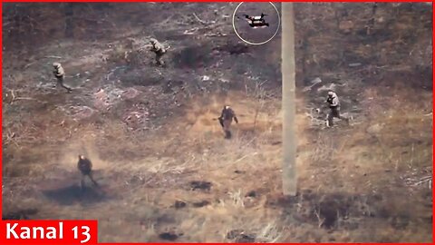 Russian soldiers fight with a drone - They seek to escape by running