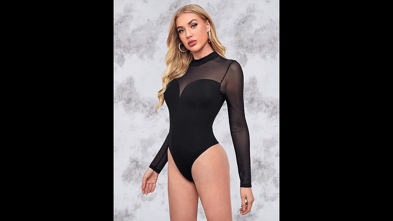 Verdusa Women's See Through Mesh Long Sleeve Mock Neck Skinny Leotard Bodysuit