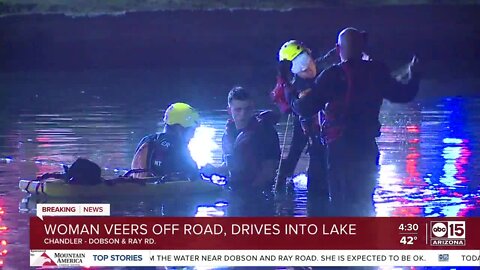 Woman pulled from Chandler lake after driving off roadway