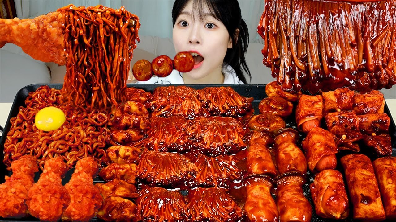 ASMR MUKBANG 직접 만든 불닭 짜장 버섯 양념치킨 소세지 먹방 레시피 FRIED CHICKEN AND FIRE NOODLES EATING