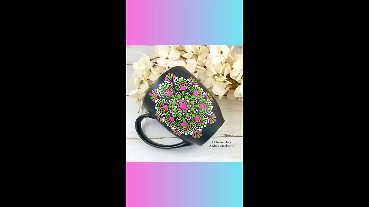 colorful green and pink dot painting mug