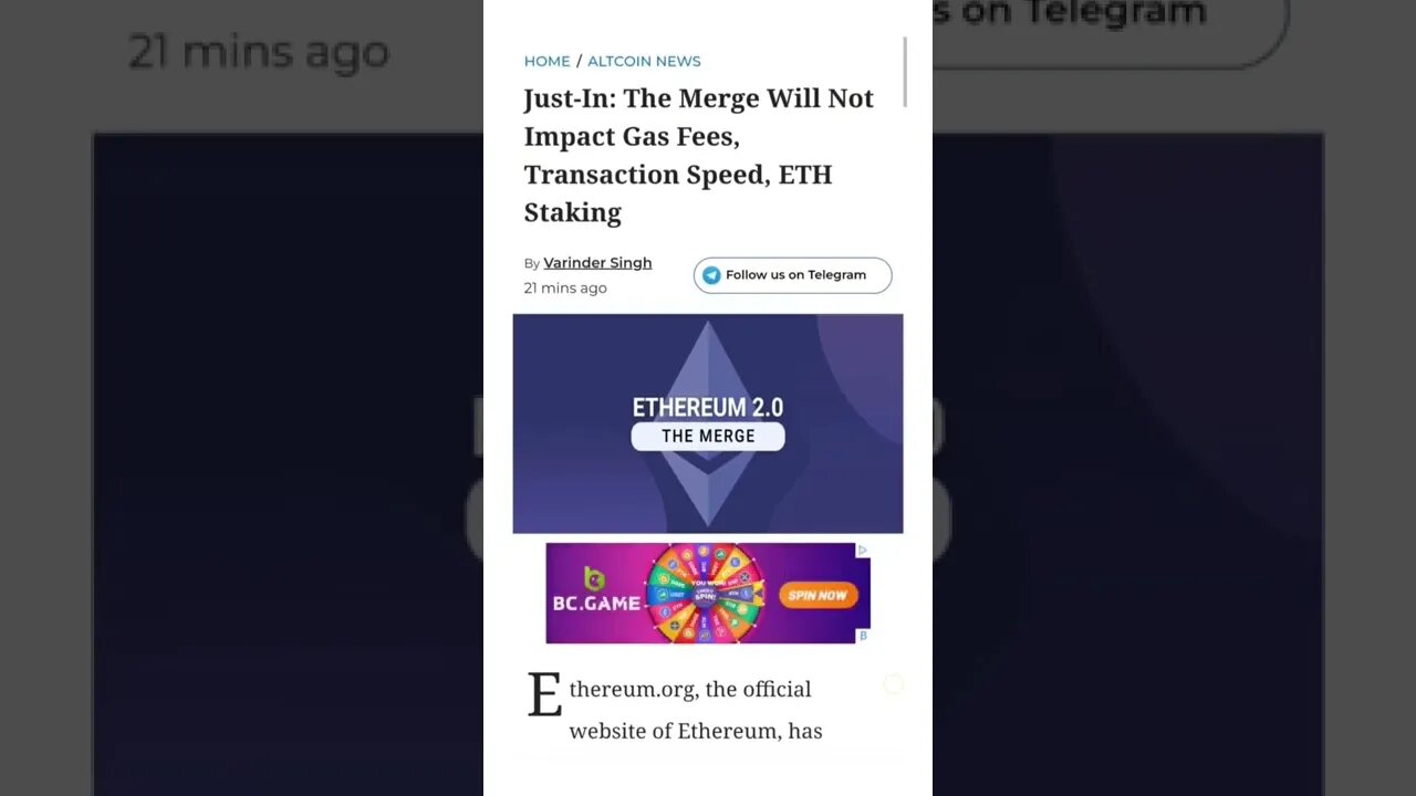 Ethereum Merge Will Not Impact Gas Fees, Transaction Speed @AltcoinDaily @CryptoCasey & @aantonop