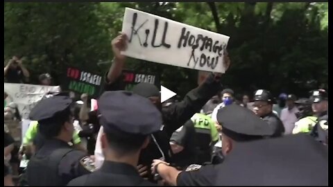 Masked protester taunts NYC Israel Day Parade with "kill Hostages Now" sign