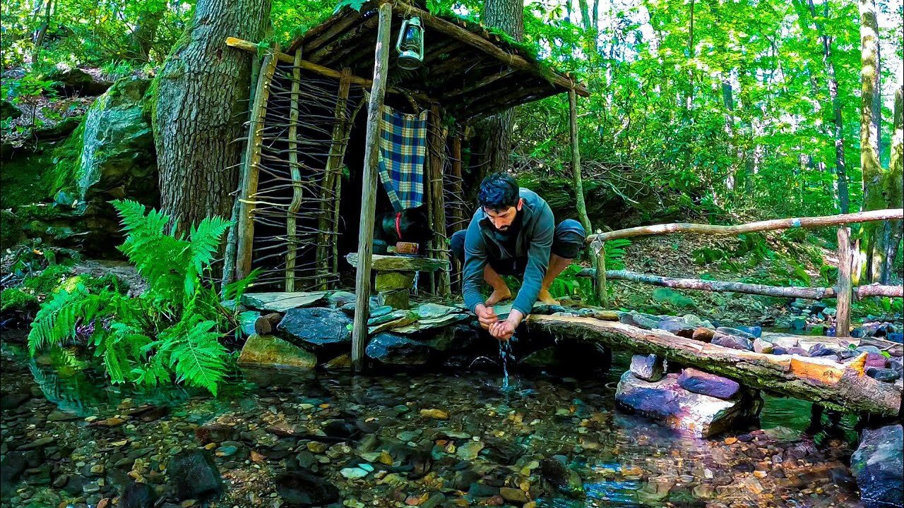 7 Days SURVIVAL Camping In RAIN Forest, THUNDER, Building Warm BUSHCRAFT SHELTER, Primitive BRIDGE