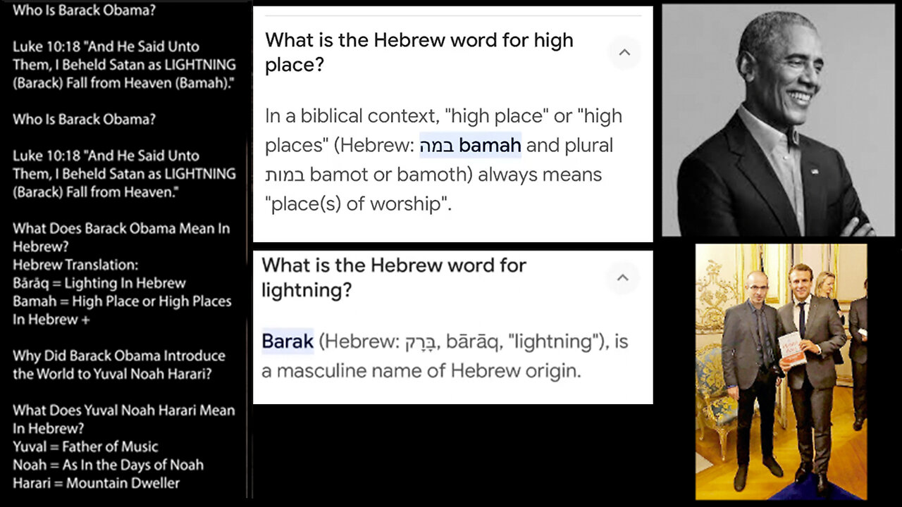 Barack Obama | Who Is Barack Obama? Luke 10:18 "And He Said Unto Them, I Beheld Satan as Lightning (Barack) Fall from Heaven (Bamah)." Who Is Yuval Noah Harari? Yuval (Father of Music) Noah (As In the Days of Noah) Harari (Mountain Dweller)