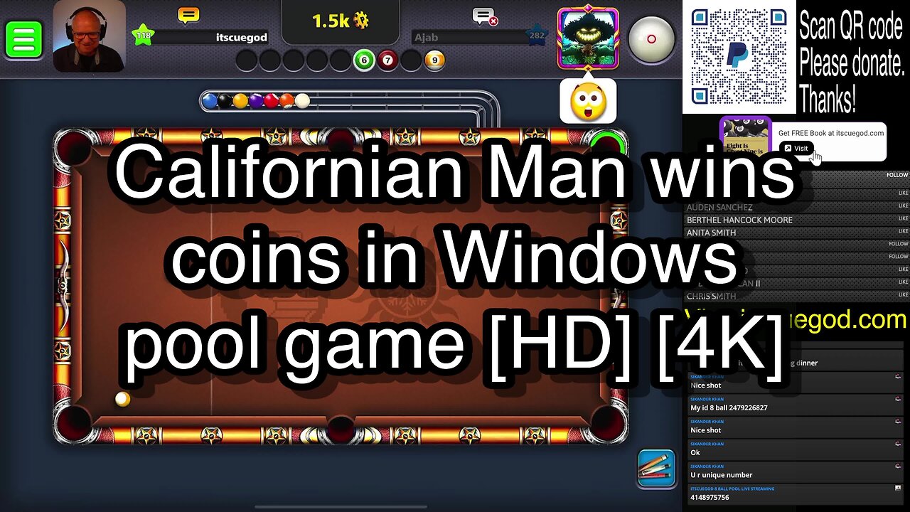 Californian Man wins coins in Windows pool game [HD] [4K] 🎱🎱🎱 8 Ball Pool 🎱🎱🎱