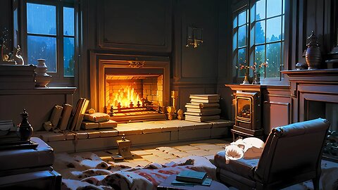 Sunday Vibes Cosy Room Crackling Fireplace Rain on Window