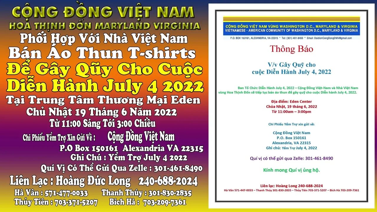 Thông Báo Bán Áo Thun Để Gây Qũy cho Cuộc Diễn Hành July 4 2022 tại Hoa Thịnh Đốn.