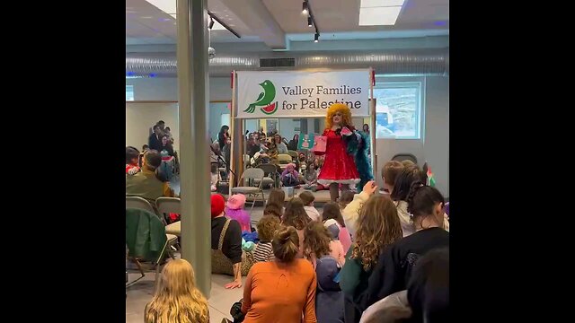 Drag show for children trying to indoctrinate kids by having them say "Free Palestine"