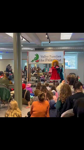 Drag show for children trying to indoctrinate kids by having them say "Free Palestine"