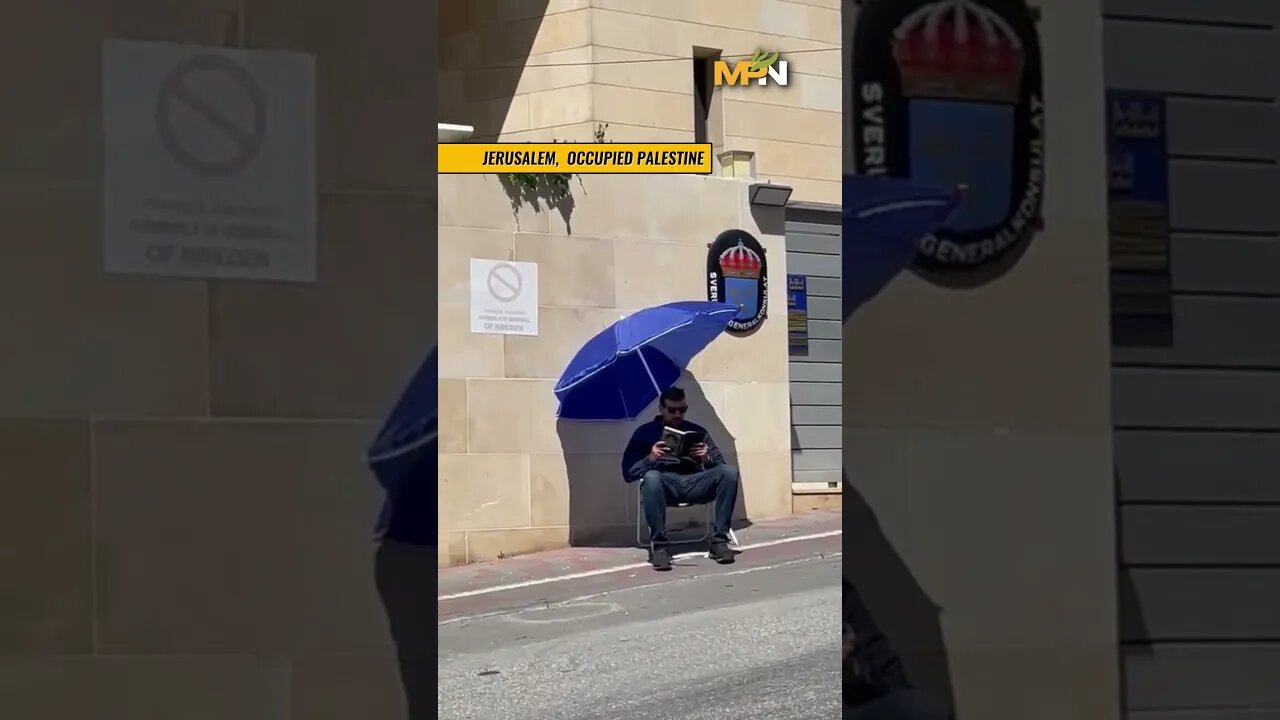 Palestinian man demonstrates alone outside the Swedish Consulate