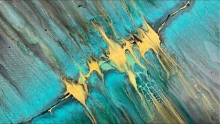 Diagonal Turquoise and Gold Acrylic Swipe with Glowing Golden Center!