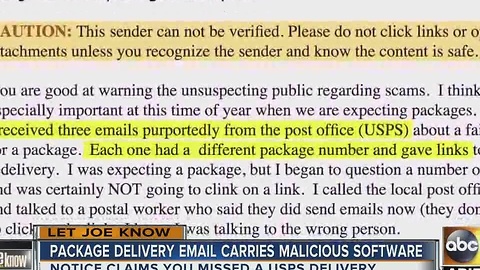 Let Joe Know: Suspicious emails about undeliverable packages