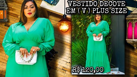 🛑 VESTIDO LONGO DECOTE ( V )MANGA LONGA PLUS SIZE