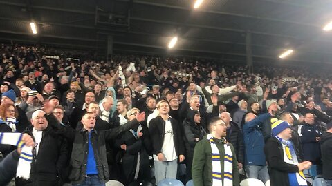 Leed United v Leicester 3-1 24/2/24 fans celebrate at end of match. Marching on together