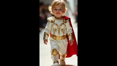 "Mini Thor Aquaman Superman bring charm and power to the Versace runway gold accents white outfits!"