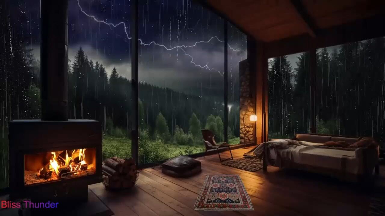 Unwind in the Magical Forest Retreat Soothing Thunderstorm, Rain, and Fireplace Ambience