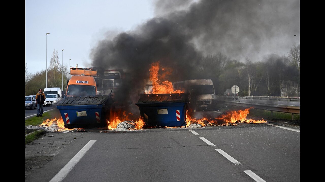 SUNRISE IN RENNES FRANCE -HIGHWAY BLOCKING FIRES