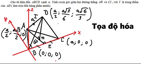 Cho tứ diện đều ABCD cạnh a. Tính cosin góc giữa hai đường thẳng AB và CI , với I là trung điểm AD