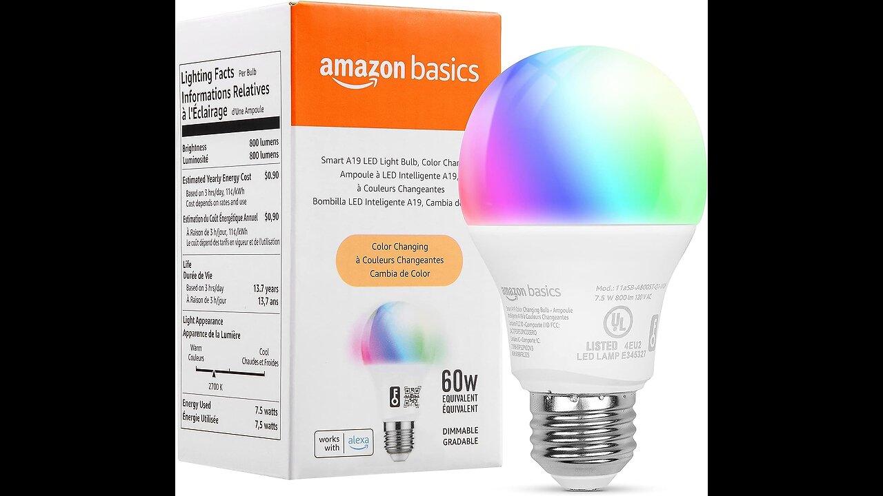 Amazon Basics Smart A19 LED Light Bulb, Color Changing, 2.4 GHz Wi-Fi, 60W