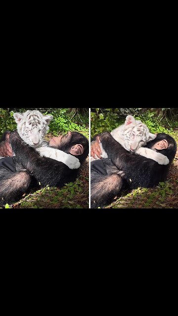 Baby monkey snuggles with royal white tiger
