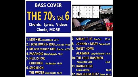 Bass cover THE 70's Vol. 6 __ Chords real-time, Lyrics, Clocks, MORE