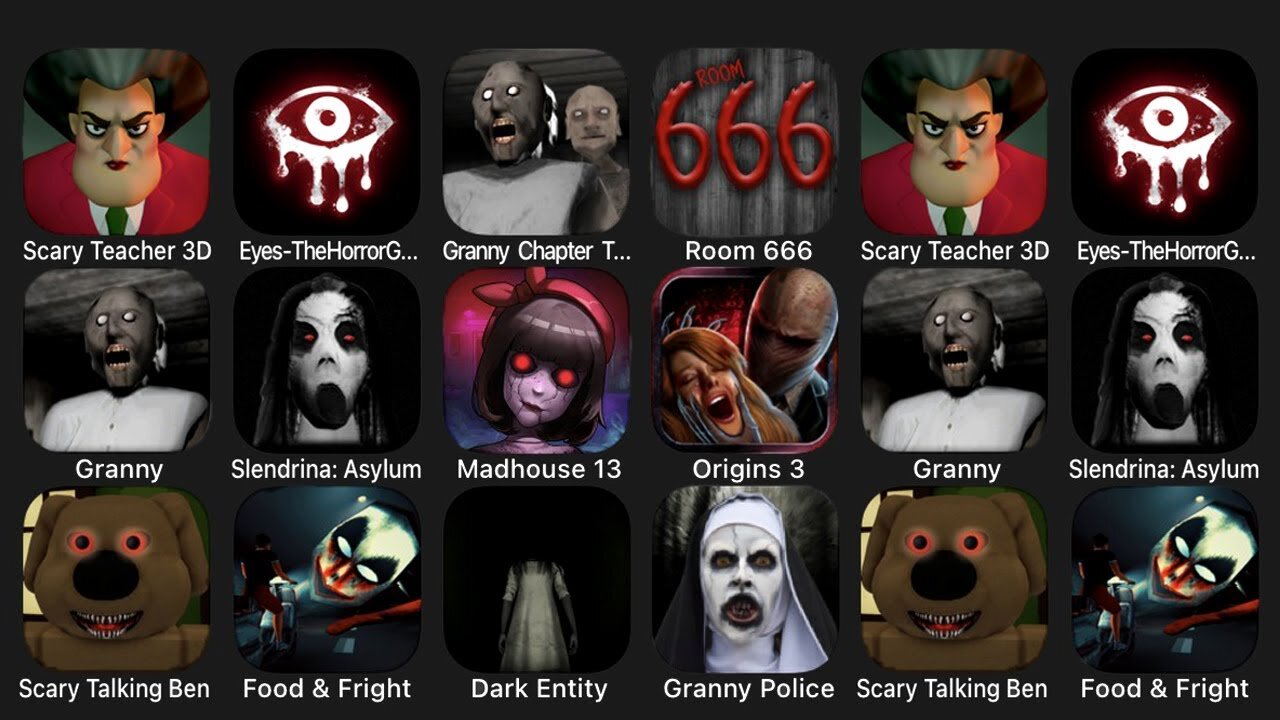 Scary Teacher 3D, Eyes The Horror Game, Granny 2, Room 666, Granny, Slendrina Asylum, Madhouse 13..