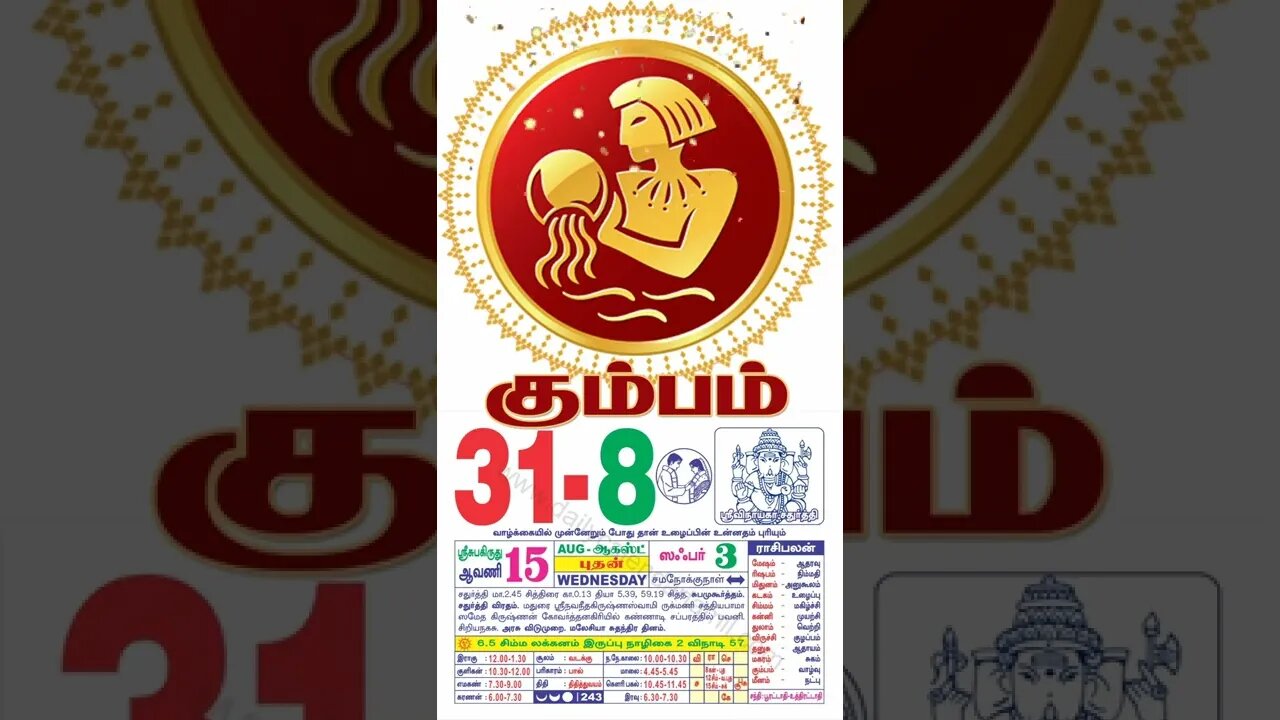 கும்பம் || இன்றைய ராசிபலன் || 31|08|2022 புதன் கிழமை