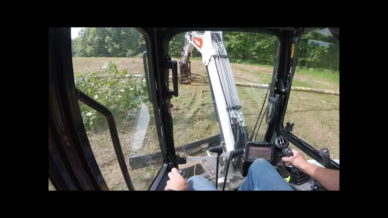 DAY 1 Clearing trees with mini excavator for pond; Bobcat e42 R series