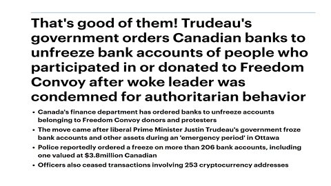 Trudeau's Government Orders Canadians Banks To Unfreeze Accounts