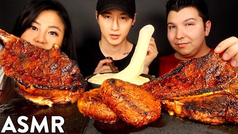 ASMR STEAKS & STRETCHY CHEESE with HYUNEE & NIKOCADO (Tomahawk, Filet Mignon, Porterhouse) MUKBAN