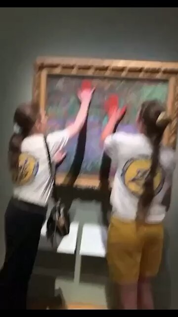 Climate radical paid propagandists destroying historical painting in Sweden for attention