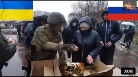 Russian Soldiers give Food to Ukrainians