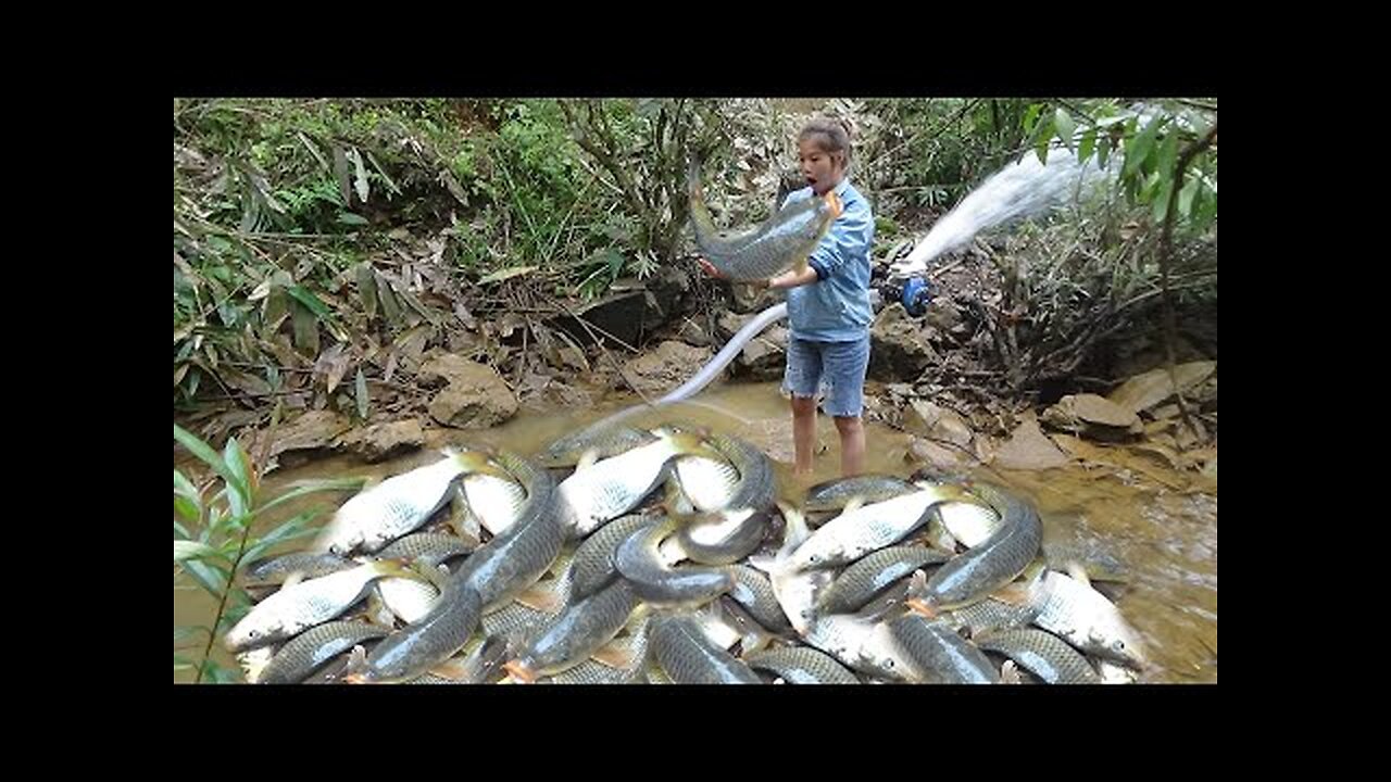 Hunting wild fish | Catch a lot of fish in the wild lake by using the big pump to suck the water