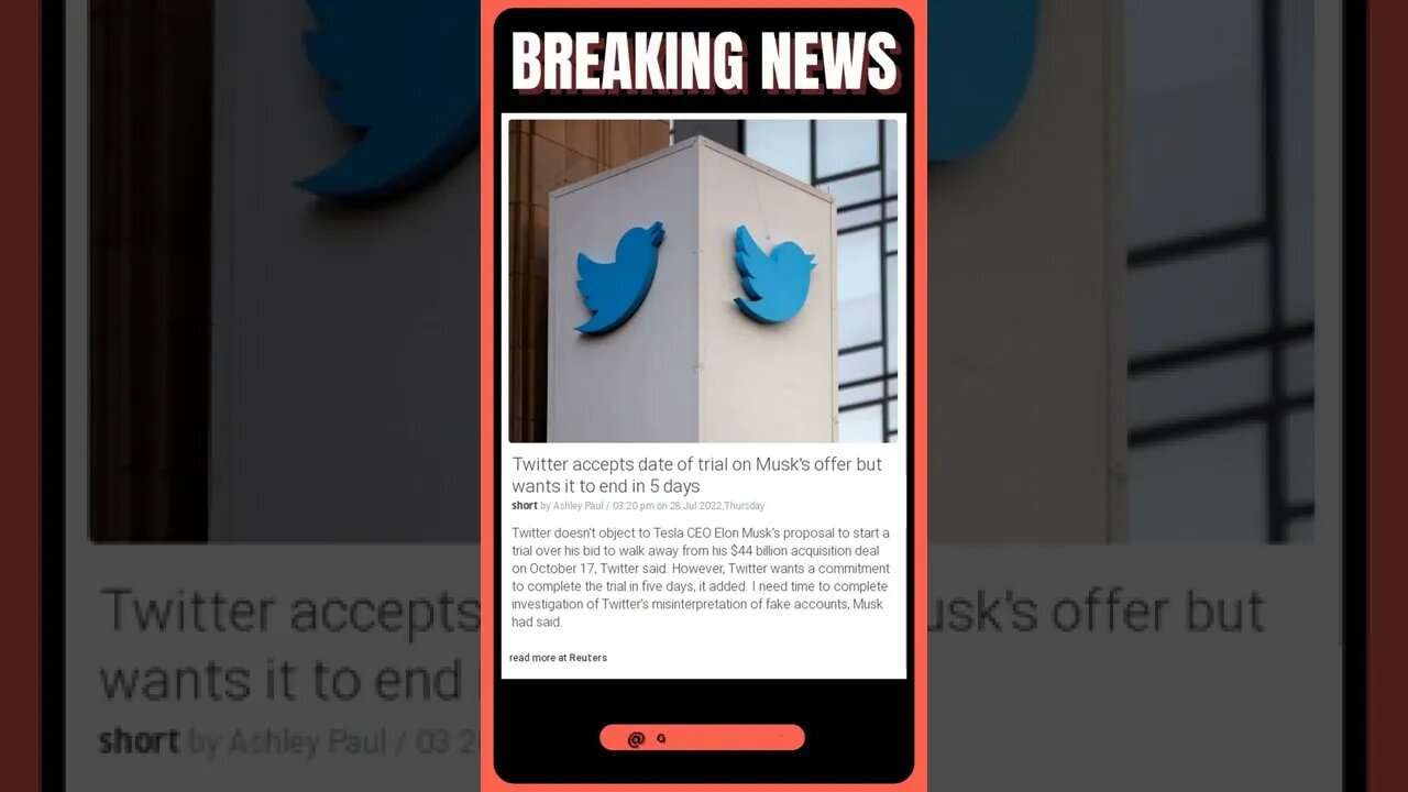 Current Events: Twitter accepts date of trial on Musk's offer but wants it to end in 5 days #shorts