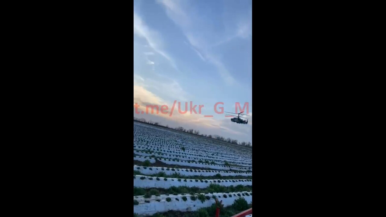 Low pass of a Russian KA-52 helicopter over a farmer working his crops