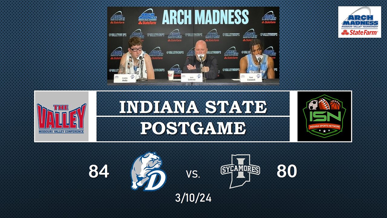 Indiana St. Post-Game Coach Schertz, #3 Ryan Conwell, #21 Robbie Avila After 84-80 Loss to Drake MVC