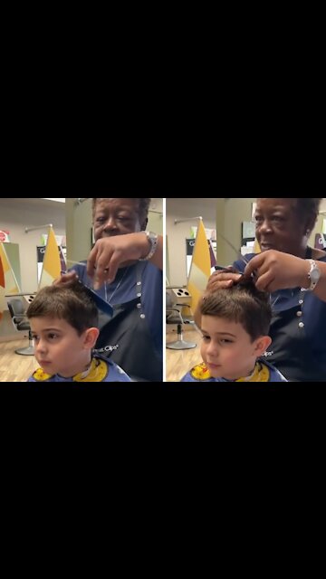 Hair stylist incredibly comforts extremely sensitive kid