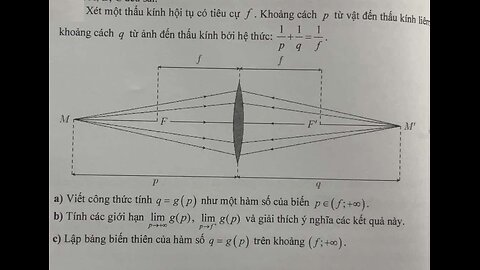 Toán 12: Xét một thấu kính hội tự có tiêu cự f. Khoảng cách p từ vất đến thấu kính khoảng cách q từ