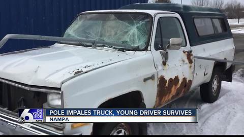 Young Nampa driver lucky to be alive after pole impales windshield, driver's door