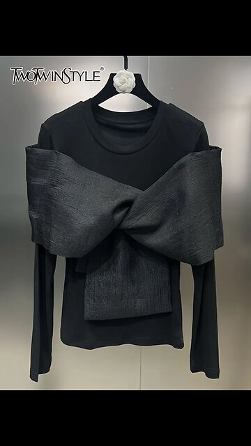 TWOTWINSTYLE Solid Spliced Bowknot T Shirt For Women