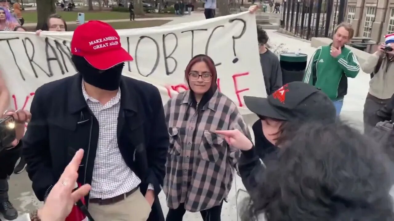One MAGA hat wearing agitator crashes the anti Michael Knowles protest at Purdue University
