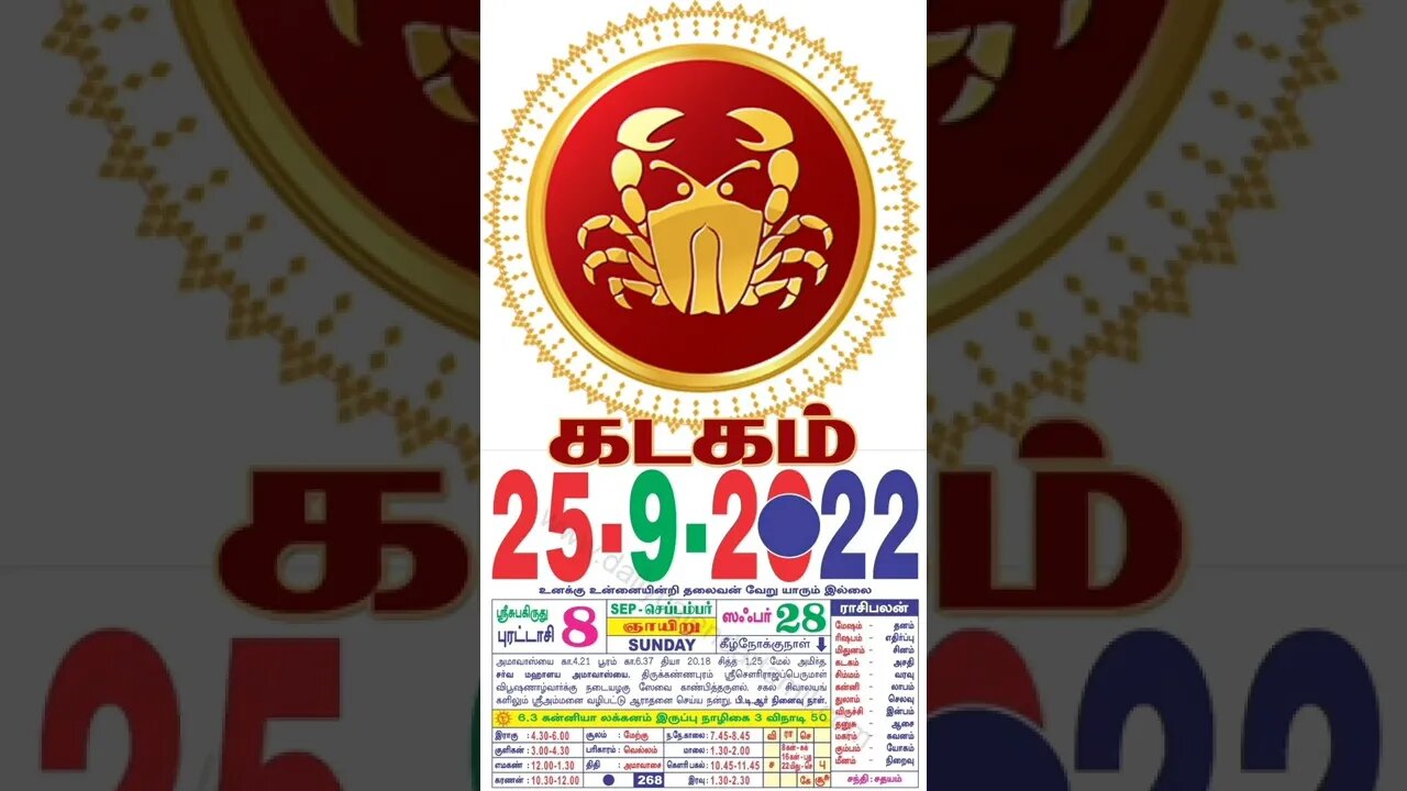 கடகம் || இன்றைய ராசிபலன் || 25|09|2022 ஞாயிற்றுக்கிழமை