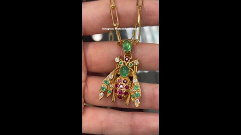 4.14tcw Emerald, Ruby, diamond Estate Bee Bug Vintage 14k Gold Necklace 1980s