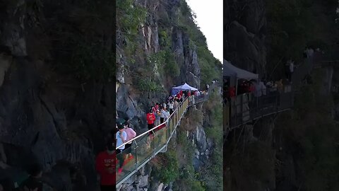 Stairs on the cliff, glass plank path landscape