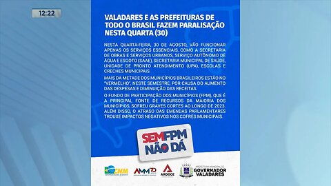 Gov. Valadares: Prefeitura adere à paralisação nacional dos municípios nesta 4ª feira.