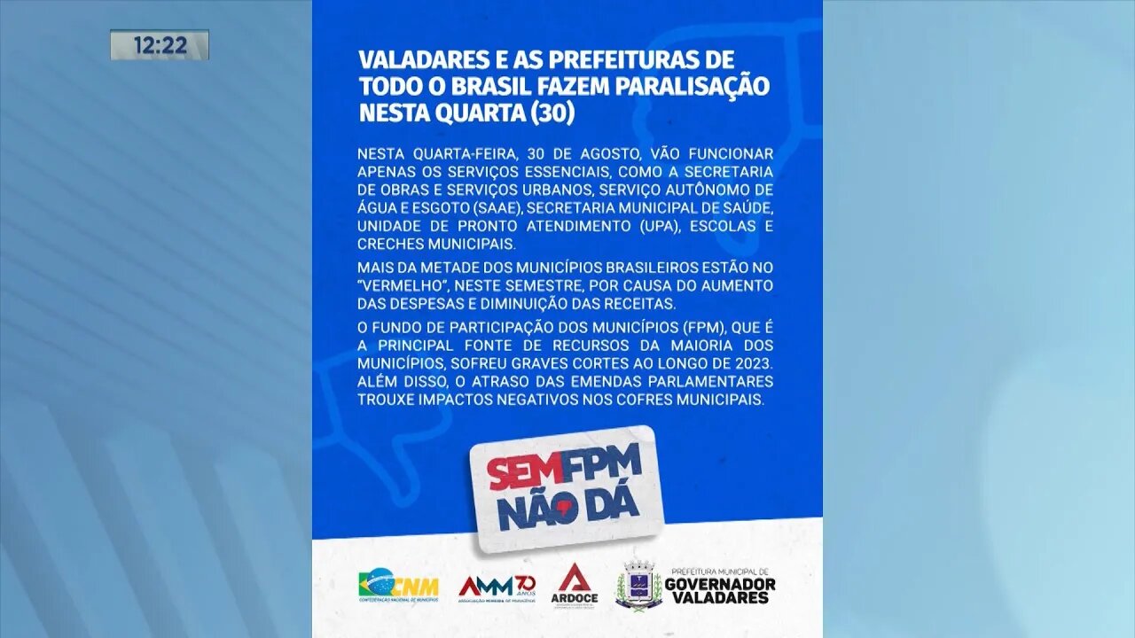 Gov. Valadares: Prefeitura adere à paralisação nacional dos municípios nesta 4ª feira.