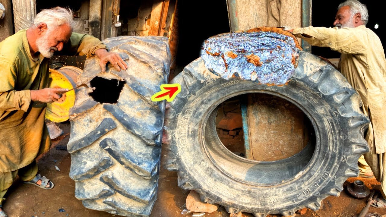 Hard working Old Man Repairing Big Tractor Tire Using Aluminium Mold